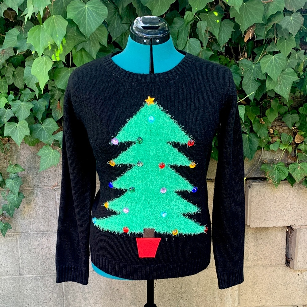 Christmas Tree Sweater L Karen Scott Petite Black Green Rhinestone Top Pullover
